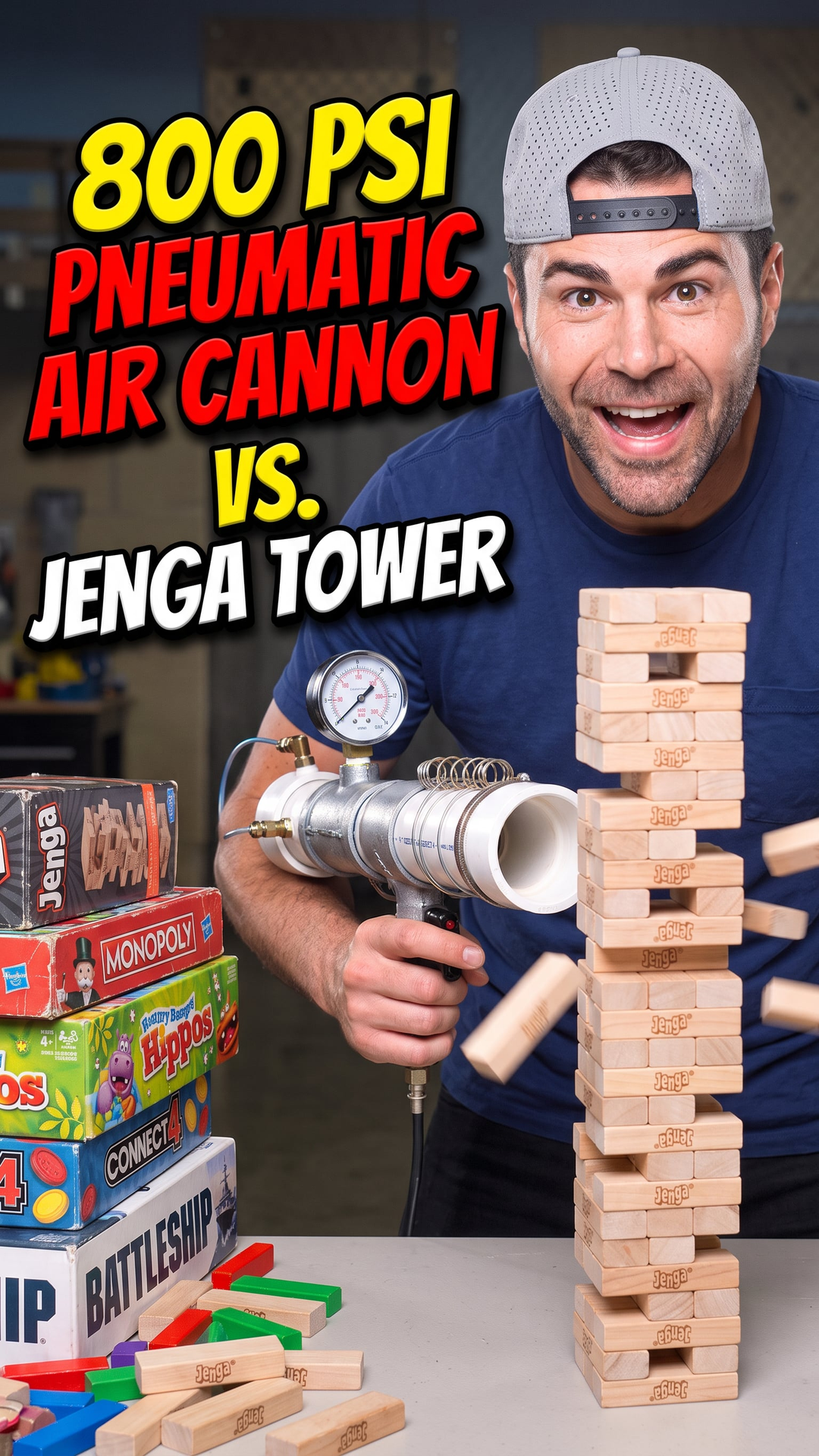 800 PSI Pneumatic Air Cannon vs. Jenga Tower