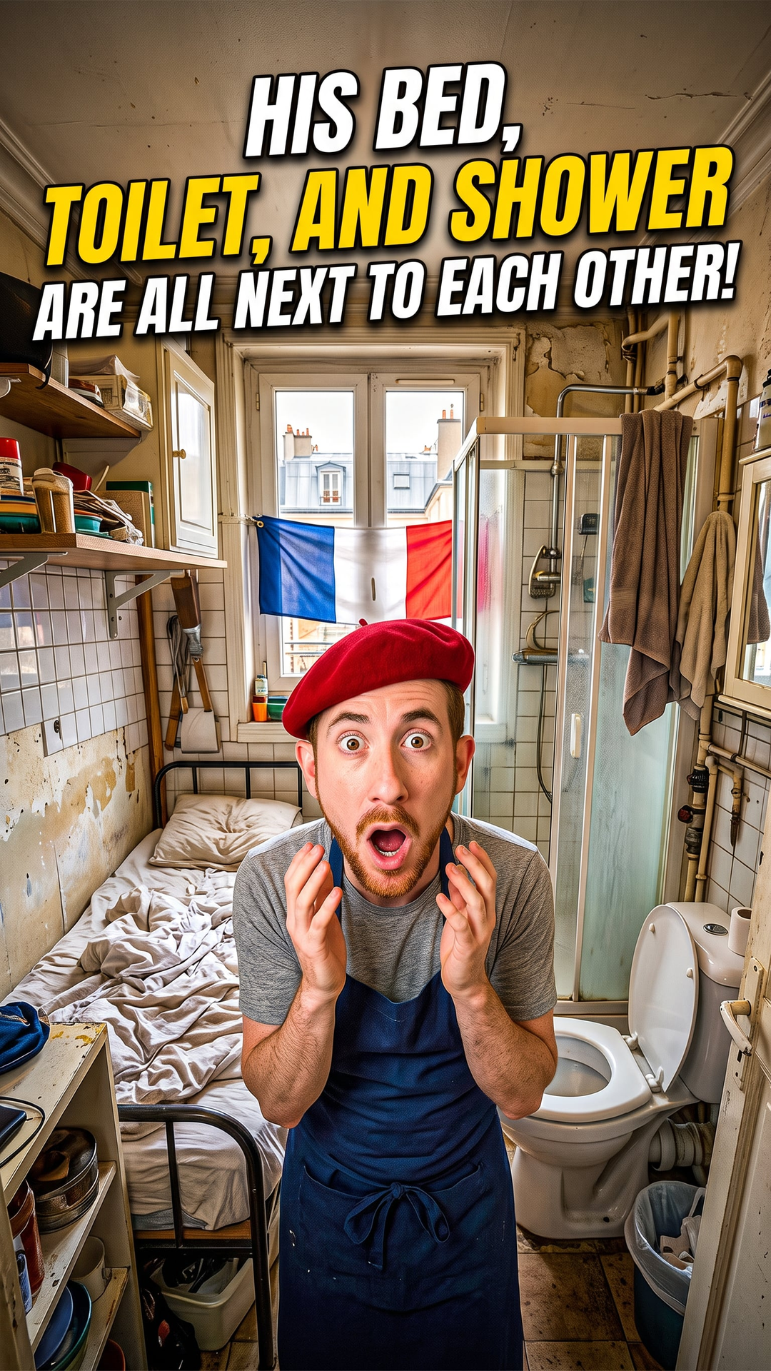 His Bed, Toilet, and Shower Are All Next to Each Other